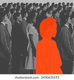 Orange female silhouette standing in monochrome crowd of people. Conceptual design. Social conformity versus personal identity. Concept of psychology, loneliness in society, difference