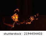 orange fire from a homemade flamethrower. Burning kerosene under pressure. a burning torch on the hand of a fire show worker. dangerous fire from flammable liquid at fire show