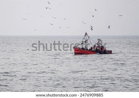 an orange fishing boat collecting the net full of fish