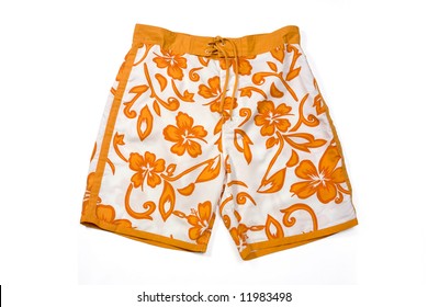 Orange Floral Pattern Swimming Trunks Isolated On White.