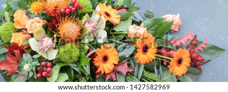 Orange flower arrangement. Floral  banner.
