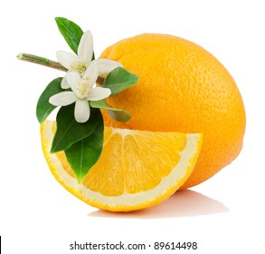 Orange, flower and slice.  Isolated on a white background.