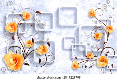 Orange flowers on 3D white square background wallpaper for walls.