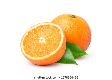 Orange fruit with cut in half and green leaves isolated on white background.  - Shutterstock ID 1878866488