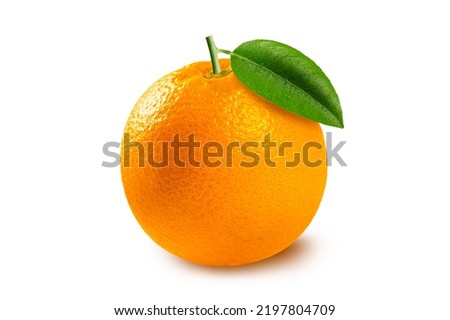 Orange fruit with green leaves isolated on white background.