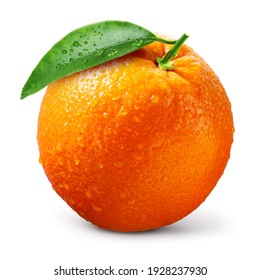 Orange fruit isolate. Orange citrus with drops on white background. Whole wet orange fruit with leaves. Full depth of field.