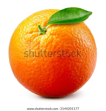 Orange fruit isolate. Orange citrus on white background. Whole fruit with leaves. Clipping path. Full depth of field. Perfect not AI orange fruit, true photo.