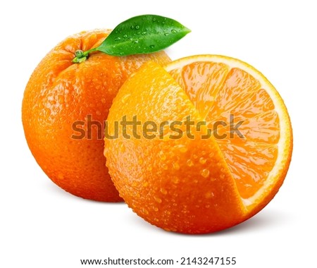 Orange fruit isolate. Wet orange fruit with drops. Whole orang with slice and leaf on white background. Full depth of field.