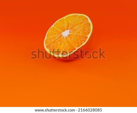 Orange fruit isolated on orange background with copy space. Half fruit with juicy pulp on a banner for advertising, menu or offer.