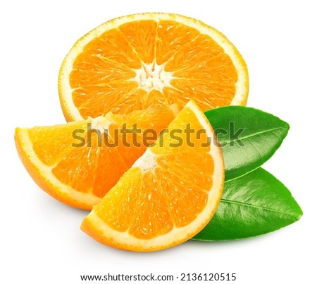 Orange fruit with leaf isolate. Orange slice and half on white. Orange clipping path.