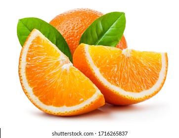 Orange Fruit With Leaf Isolate. Orange Whole, Slice, Leaves On White. Orang Slices With Zest Isolated.