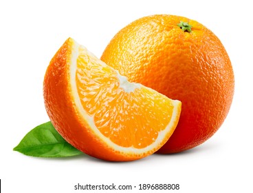Orange fruit with leaf isolated. Orang whole, slice, leaves on white. Orange slice with isolate.