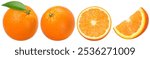 Orange fruit with leaves, half and slices isolated on the white background, clipping path, collection