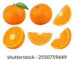 Orange fruit with leaves, half and slices isolated on the white background, clipping path, collection