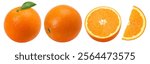 Orange fruit with leaves, half and slices isolated on the white background, clipping path, collection