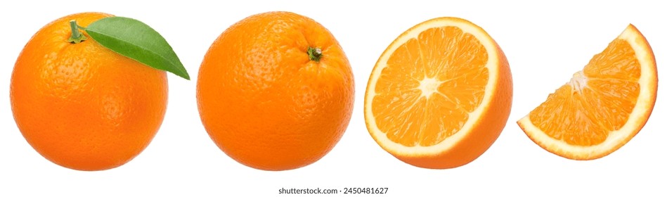 Orange fruit with leaves, half and slices isolated on the white background, clipping path, collection