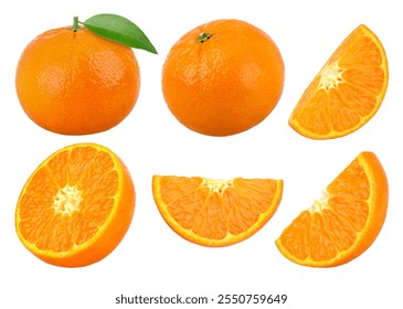 Orange fruit with leaves, half and slices isolated on the white background, clipping path, collection