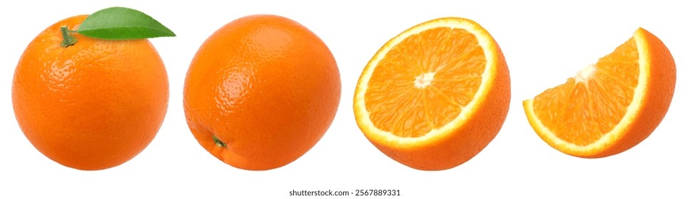 Orange fruit with leaves, half and slices isolated on the white background, clipping path, collection