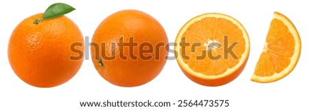 Orange fruit with leaves, half and slices isolated on the white background, clipping path, collection
