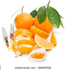 Orange Fruit With Leaves, Orange Zest With Zester Isolated On A White Background 