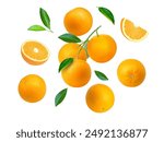 Orange fruit with slice and green leaf flying in the air isolated on white background.