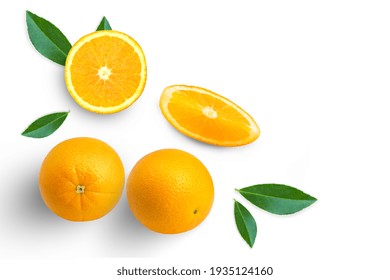 Orange Fruit With Slice And Green Leaves Isolated On White
Background . Top View. Flat Lay.