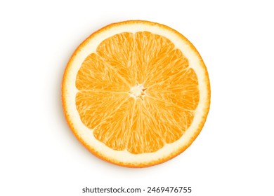 Orange fruit slice isolated on white background. Top view. Flat lay.