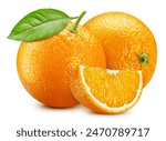 Orange fruit with orange slices and leaves isolated on white background. Orange with clipping path
