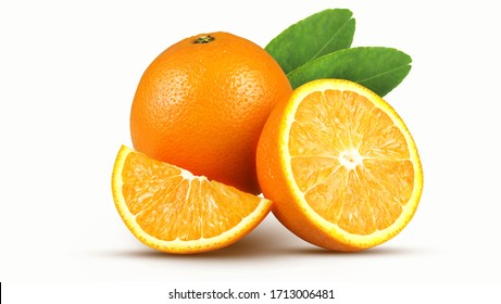 Orange fruit with orange slices and leaves isolated on white background - Shutterstock ID 1713006481