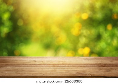 Orange Fruit Trees Background Design With Wood Table Top 