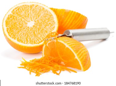 Orange Fruit, Orange Zest With Zester Isolated On A White Background. 