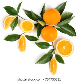  Orange Fruits  ( Sliced And Wholes ) On A Branch Of Orange Tree With Green Leaves, Isolated On White Background. Top View.