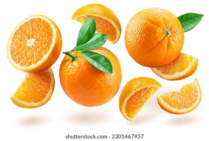 Orange fruits and slices of orange fruit levitating in air on white background.  - Shutterstock ID 2301467937