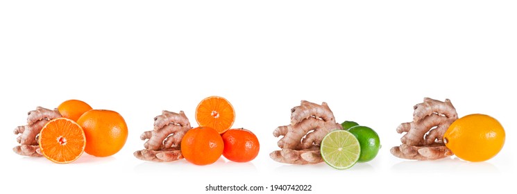 Orange fruits with tangerines, limes, lemons and ginger roots isolated on a white background. Different citrus fruits collection. - Powered by Shutterstock