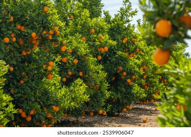 Orange garden with ripe oranges on tree branches. Beautiful orange trees in an orchard. Fruit trees laden with ripe fruits. Juicy citrus fruits ripening in the sun - Powered by Shutterstock