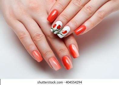 orange gradient manicure and tulips