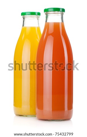 Orange and grapefruit juice bottles. Isolated on white background