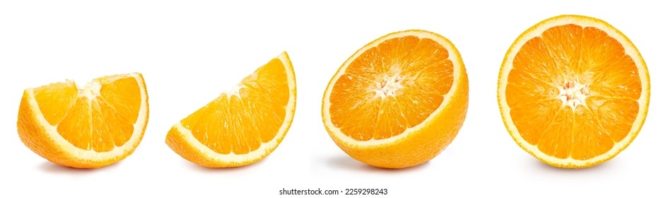 Orange half. Orange isolated on white background. Orange fruit clipping path. Orange macro studio photo