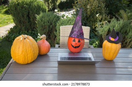 Orange Halloween Pumpkin In A Witch's Hat Is Working On A Laptop At A Table In A Garden Surrounded By Other Pumpkins. Halloween Holiday Business Concept, Home Office, Joke, Humor