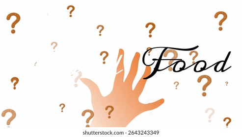 Orange hand silhouette floating amid question marks in graphic design, with black Food script. Abstract, digital, modern, minimalistic, conceptual, creative, typography