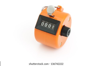 Orange Hand tally counter, counting machine isolated on white bcakground