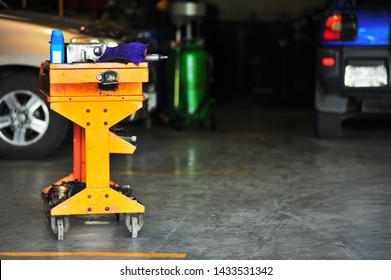 Orange Hand Tool Trolley At Automobile Repair Shops.