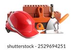 Orange hard hat, red bricks, trowel, measuring tape and putty knives isolated on white. Building material and construction tools