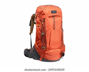 Orange Hiking Backpack on White Background. showcases a durable and spacious orange backpack designed for outdoor adventures and hiking trips. - Powered by Shutterstock