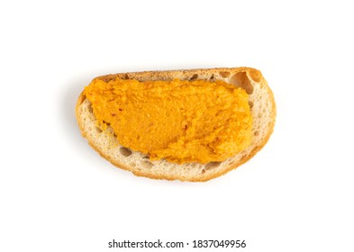 Orange Hummus Sandwich Isolated. Spicy Tahini Spread On Bread, Tomato Chutney, Squash Caviar, Pumpkin Dip Toast On White Background