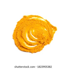 Orange Hummus Smear Isolated. Spicy Tahini Spread, Tomato Chutney, Squash Caviar, Pumpkin Dip, Vegetable Baby Puree On White Background