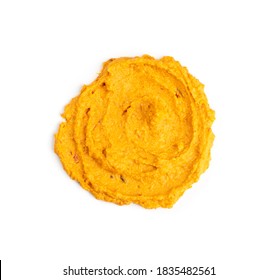 Orange Hummus Smear Isolated. Spicy Tahini Spread, Tomato Chutney, Squash Caviar, Pumpkin Dip, Vegetable Baby Puree On White Background