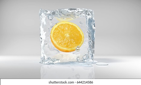 Orange In Ice Cube, The Concept Of Fresh Fruit Is Cool Refreshing Taste, Photo Retouching