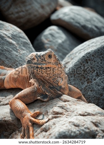An orange iguana sits quietly on a bed of white rocks. The bright hue of its scales stands out vividly against the pale, rough stones, creating a bold visual contrast. The image captures the stillness