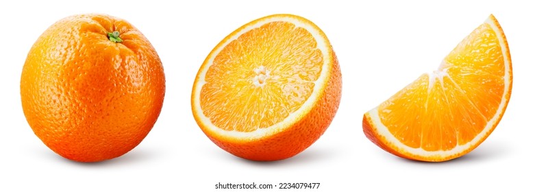Naranja aislada. Conjunto de frutos naranjas: todo, medio y rebanado sobre fondo blanco. Colección Orang. Profundidad total del campo.